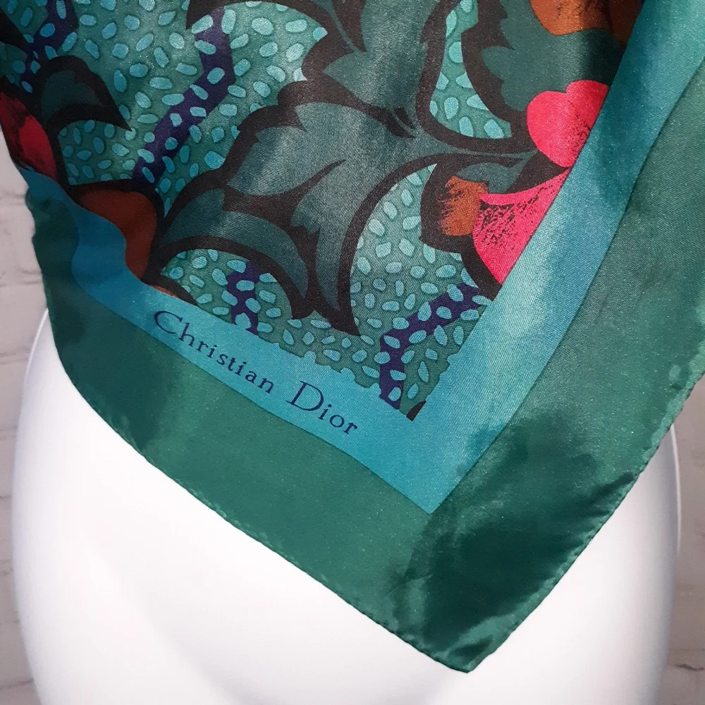 CHRISTIAN DIOR VTG Teal Red Floral Silk Scarf